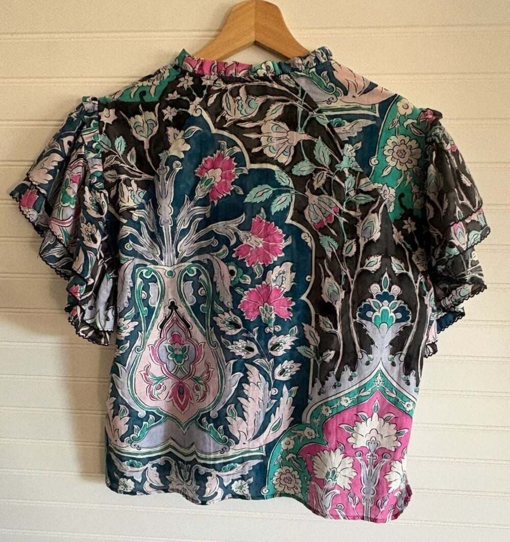 Maria Cher Ruffle Flutter Sleeve Floral Print Cotton-Silk Blend Blouse - Picture 7 of 8